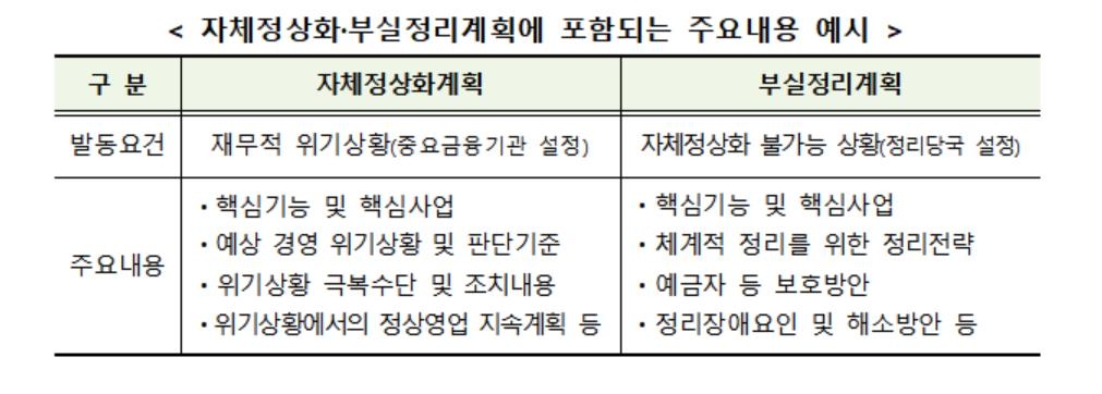 금융기관 정상화·부실정리계획 포함 내용