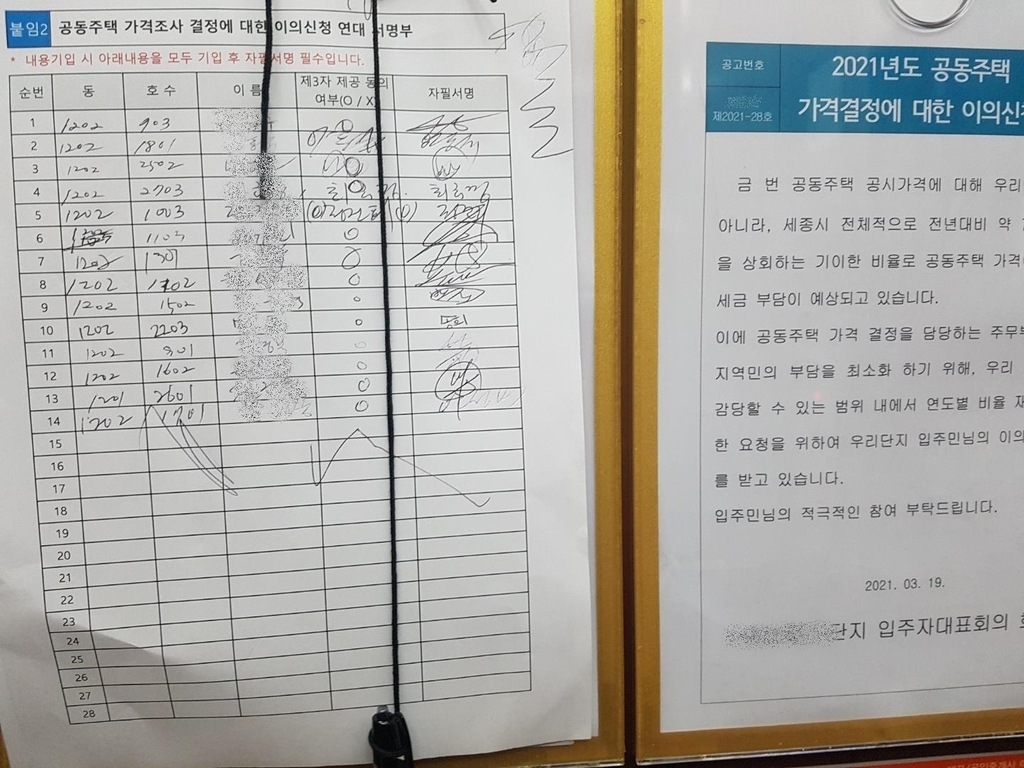 공동주택 가격조사 결정에 대한 이의신청 연명부