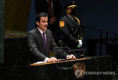 21일 유엔 총회에서 연설하는 카타르 군주 셰이크 타밈 빈하마드 알 타니