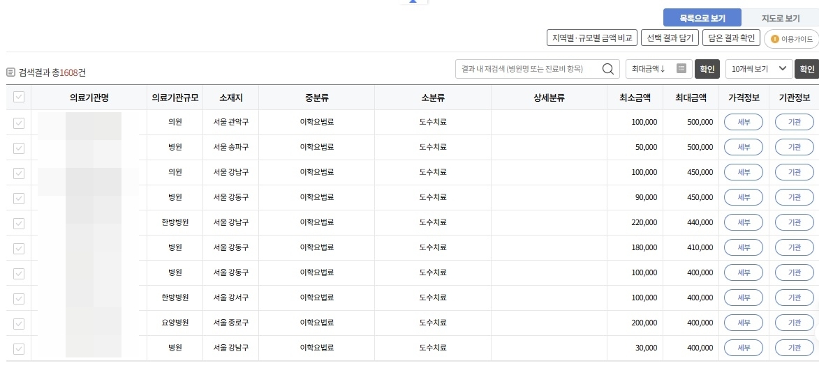서울 지역 전체 의료기관의 도수치료 비용 검색 결과