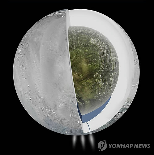 토성의 위성인 엔셀라두스의 내부 모습. 미국 항공우주국(NASA)이 카시니 탐사선의 관측 자료를 토대로 그린 일러스트로 남극 빙하층 아래 거대한 바다가 보인다. (AP=연합뉴스)