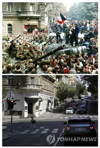 1968년 소련군 진입 당시와 현재의 같은 거리 [AP=연합뉴스]