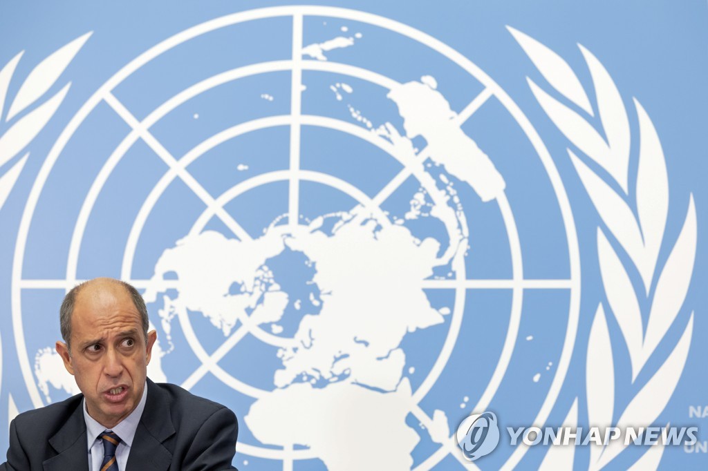 This EPA file photo from March 21, 2022, shows Tomas Ojea Quintana, U.N. Special Rapporteur on the situation of human rights in North Korea, during a press conference at the European headquarters of the U.N. in Geneva. (Yonhap)