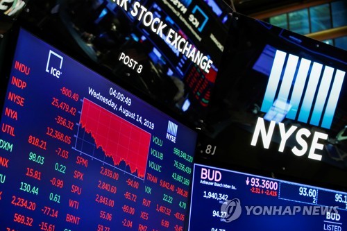 14일(현지시간) 미국 뉴욕증권거래소(NYSE) 폐장 후 TV 스크린에 나온 각종 지표