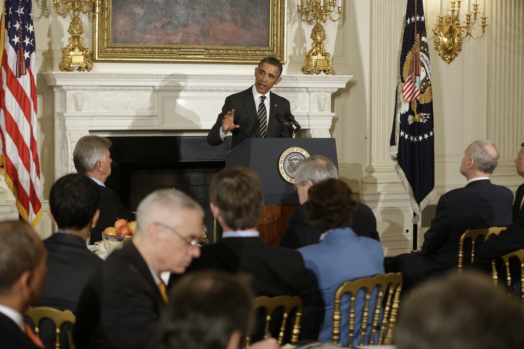버락 오바마 미국 대통령이 25일(현지시간) 워싱턴DC 백악관에서 열린 전국주지사협의회(NGA) 연례회의에서 연설하고 있다. (AP=연합뉴스, 자료사진)
