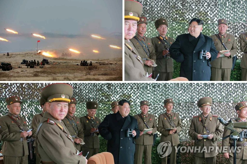 北 김정은, '공중침투 대비' 여성방사포병사격대회 시찰 (서울=연합뉴스) 김정은 북한 노동당 위원장이 북한군 여성방사포병사격대회를 현지지도했다고 노동신문이 19일 보도했다. 김정은의 이번 시찰에는 황병서 인민군 총정치국장, 리명수 총참모장, 리영길 제1부총참모장 겸 작전총국장, 박정천 포병국장 등이 수행했다. << 국내에서만 사용가능. 재배포 금지. For Use Only in the Republic of Korea. No Redistribution >> nkphoto@yna.co.kr