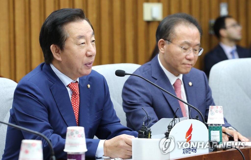 국감대책회에서 발언하는 김성태