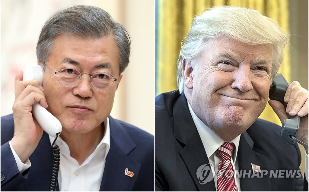 South Korean President Moon Jae-in (L) and his American counterpart, Donald Trump, in file photos released by Moon's office (Yonhap)