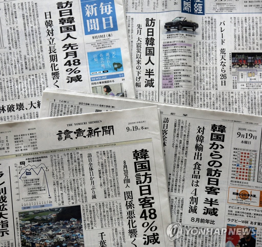 訪日韓国人客半減を報じる主要各紙 訪日韓国人客半減を報じる主要各紙