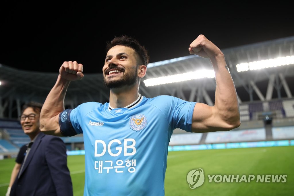 This file photo provided by the Korea Professional Football League on June 22, 2020, shows Daegu FC forward Cesinha following their 3-1 victory over Suwon Samsung Bluewings in a K League 1 match at Forest Arena in Daegu, 300 kilometers southeast of Seoul. (PHOTO NOT FOR SALE) (Yonhap)