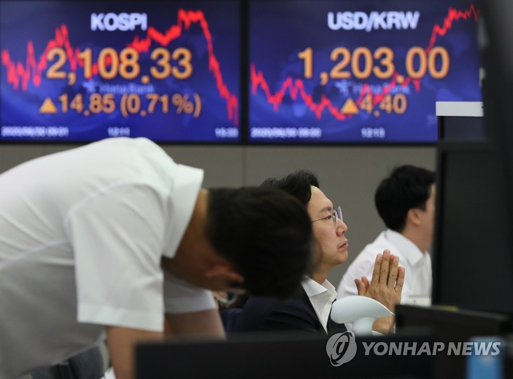 Electronic signboards at a Hana Bank trading room in Seoul shows the Korean won closed at 1,203.0 won against the U.S. dollar on June 30, 2020, down 4.40 won from the previous session's close. (Yonhap)