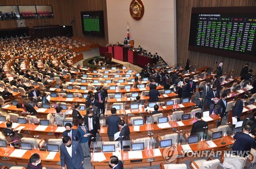 공수처법 개정안 가결에 본회의장 퇴장하는 국민의힘