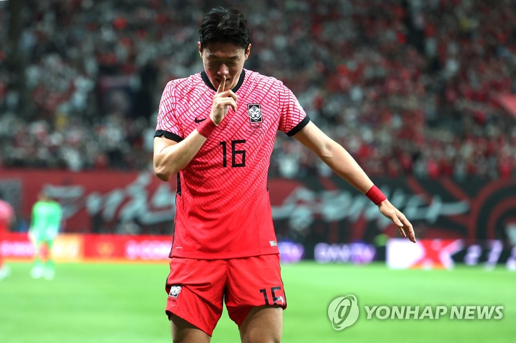 In this file photo from June 2, 2022, Hwang Ui-jo of South Korea celebrates his goal against Brazil during the countries' friendly football match at Seoul World Cup Stadium in Seoul. (Yonhap)