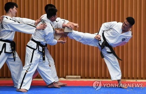 2月12日下午2点，在首尔市政府多功能厅，韩朝跆拳道示范团在联演中表演击破8厘米厚的木板。（韩联社/联合采访团提供）