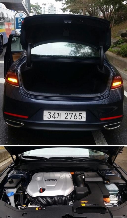 These photos, taken on April 5, 2017, show a competitively sized trunk (above) and a 2.4-liter engine mated to a six-speed automatic transmission. (Yonhap) 