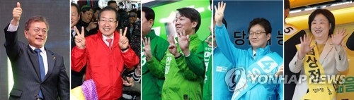 The image shows the top five candidates running in the May 9 presidential election. They are (from L) Moon Jae-in of the Democratic Party, Hong Joon-pyo of the Liberty Korea Party, Ahn Cheol--soo of the People's Party, Yoo Seong-min of the Bareun Party and Sim Sang-jeung of the Justice Party. (Yonhap)