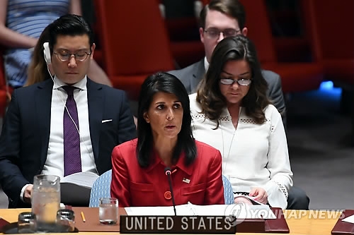 This AFP photo shows U.S. Ambassador to the U.N. Nikki Haley speaking during a Security Council meeting at the U.N. headquarters in New York on July 5, 2017. (Yonhap)
