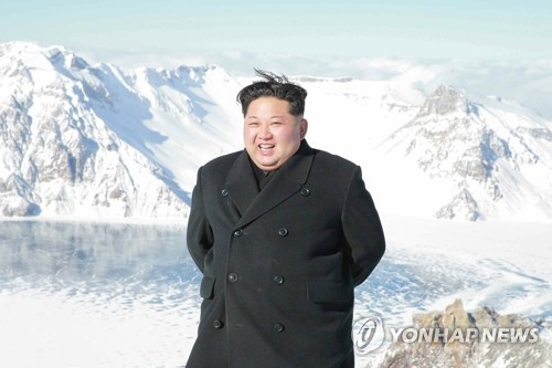 This photo released by the North's official Korean Central News Agency (KCNA) on Dec. 9, 2017, shows North Korean leader Kim Jong-un at Mount Paektu. (For Use Only in the Republic of Korea. No Redistribution) (Yonhap)