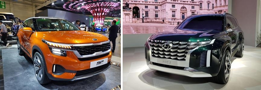 These photos taken on June 7 during the media day at the Busan International Motor Show, 2018 show Hyundai's 'HDC-2 Grandmaster' SUV concept (R) and Kia's SP compact SUV concept that will be launched in the local market in late 2019. (Yonhap) 
