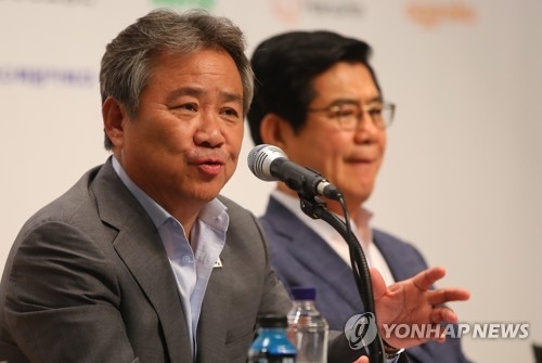 Korean Sport & Olympic Committee (KSOC) President Lee Kee-heung speaks in a press conference at the National Training Center in Jincheon, North Chungcheong Province, on July 10, 2018. (Yonhap)