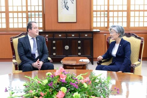 South Korean Foreign Minister Kang Kyung-wha (R) talks with Yannick Glemarec, executive director of the Green Climate Fund, during their meeting in Seoul on June 4, 2019, in this photo provided by the foreign ministry. (Yonhap)
