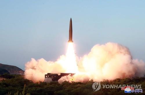 This photo, released by the Korean Central News Agency on July 26, 2019, shows a missile being launched from a site near the North's eastern coastal town of Wonsan the previous day. North Korea fired two short-range missiles into the East Sea, with its leader Kim Jong-un overseeing the launch. (For Use Only in the Republic of Korea. No Redistribution) (Yonhap)
