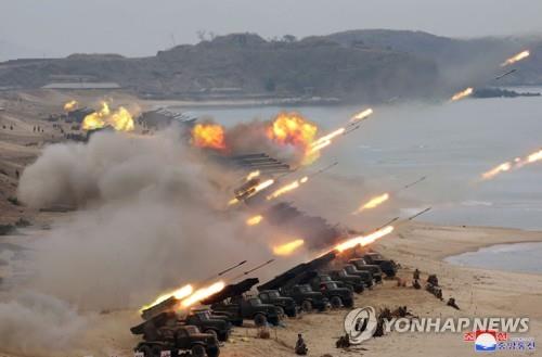 This photo released by the North's Korean Central News Agency on Feb. 29, 2020, shows the North Korean military launching a "joint strike drill" under the supervision of leader Kim Jong-un the previous day. (For Use Only in the Republic of Korea. No Redistribution) (Yonhap)