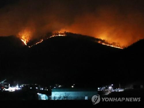 A forest fire spreads on a mountain in the southeastern city of Ulsan on March 19, 2020.(Yonhap)