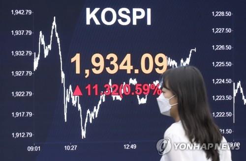 A currency dealer wearing a mask passes an electronic board in the trading room of KB Kookmin Bank in Seoul on April 28, 2020. The benchmark Korea Composite Stock Price Index (KOSPI) rose 11.32 points, or 0.59 percent, to close at 1,934.09 points. (Yonhap)