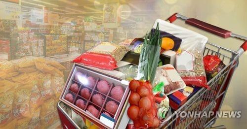 This file image shows a shopping cart full of everyday grocery items representing household spending. (Yonhap)