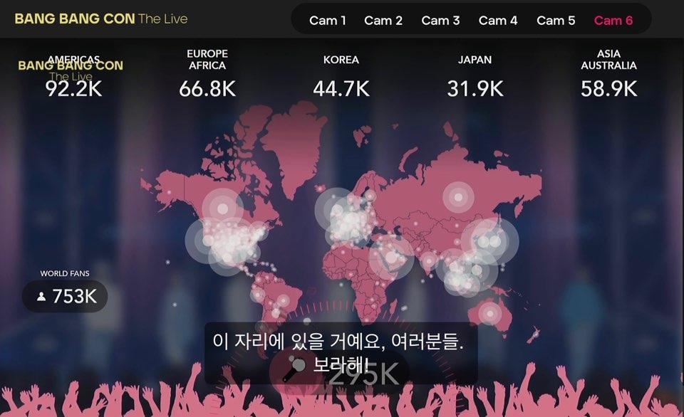 A screen grab from BTS' online concert, Bang Bang Con: The Live held on June 14, 2020, showing where fans are viewing the concert from. (PHOTO NOT FOR SALE) (Yonhap)