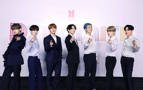 Members of K-pop sensation BTS pose for photos during an online press conference for the new single "Dynamite" held in Seoul on Aug. 21, 2020, in this photo provided by Big Hit Entertainment. (PHOTO NOT FOR SALE) (Yonhap)