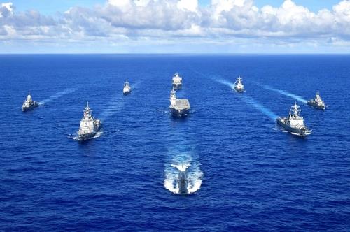 This photo from the website of the United States Seventh Fleet shows the naval forces of South Korea, the United States, Japan and Australia engaged in a joint maritime exercise in the Pacific waters near Guam, scheduled to run from Sept. 11-13, 2020. (PHOTO NOT FOR SALE) (Yonhap)