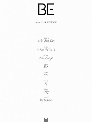 This photo, provided by Big Hit Entertainment on Nov. 11, 2020, shows the track list for the upcoming BTS album "BE." (PHOTO NOT FOR SALE) (Yonhap)