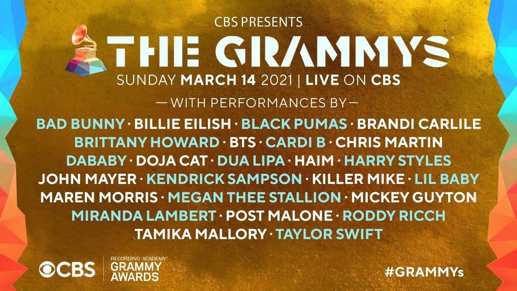This image from CBS' Twitter account on March 7, 2021, shows the full list of performers at the upcoming Grammys. (PHOTO NOT FOR SALE) (Yonhap)