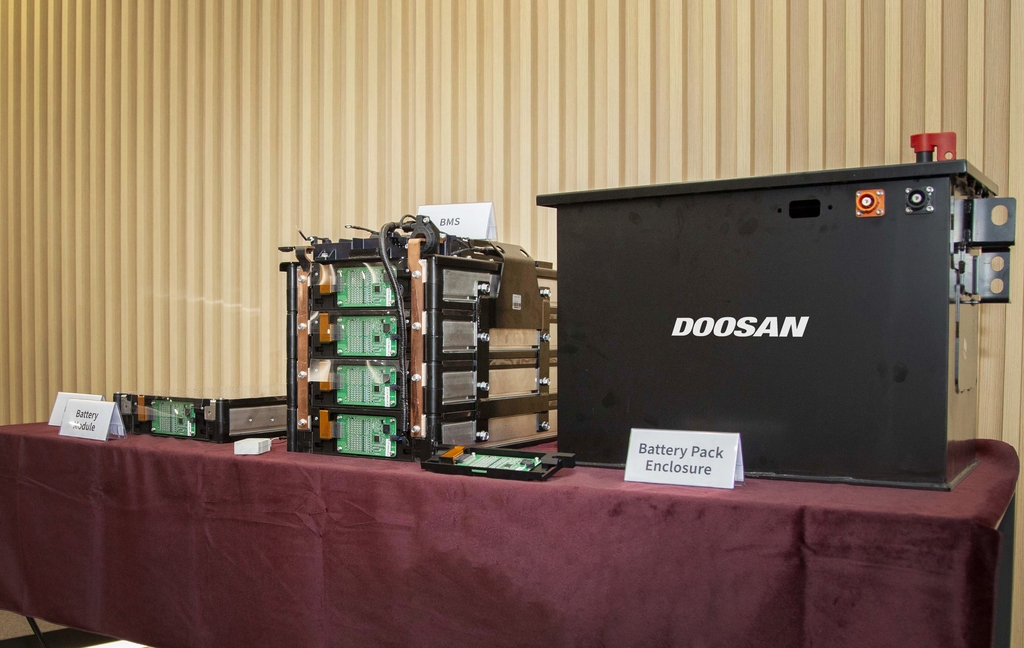 This photo provided by Doosan Infracore Co. on May 10, 2021, shows a prototype of battery packs for construction machinery. (PHOTO NOT FOR SALE) (Yonhap)