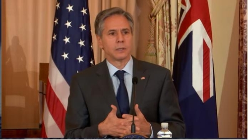 The image captured from the website of the U.S. Department of State shows Secretary of State Antony Blinken speaking at a joint press conference with Australian Foreign Minister Marise Payne, after their talks in Washington on May 13, 2021. (Yonhap)