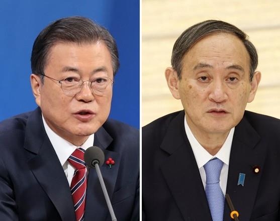 South Korean President Moon Jae-in (L) and Japanese Prime Minister Yoshihide Suga are seen in file photos of Yonhap News Agency and Kyodo News. (PHOTO NOT FOR SALE) (Yonhap)