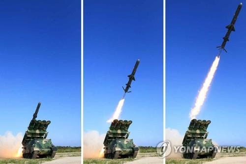 These photos published by the North's daily Rodong Sinmun on June 9, 2017, show the launch of the country's new surface-to-ship cruise missile. The report said the country's top leader Kim Jong-un observed the missile launch, which South Korea detected a day earlier. The North's media said the test-firing was aimed at verifying the "combat application efficiency of the overall weapon system." (For Use Only in the Republic of Korea. No Redistribution) (Yonhap)