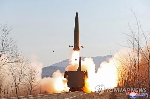 A North Korean missile is fired from a railway-based platform from North Pyongan Province, a northwestern region bordering China, in this photo released on Jan. 15, 2022 by the North's official Korean Central News Agency. (For Use Only in the Republic of Korea. No Redistribution) (Yonhap)