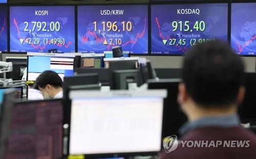 Electronic signboards at a Hana Bank dealing room in Seoul show the benchmark Korea Composite Stock Price Index (KOSPI) closed at 2,792 points on Jan. 24, 2022, down 42.29 points or 1.49 percent from the previous session's close. (Yonhap) 