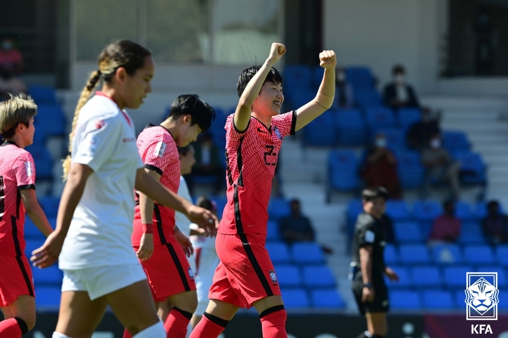 Son Hwa-yeon of South Korea celebrates her goal against the Philippines in the semifinals of the Asian Football Confederation (AFC) Women's Asian Cup at Shree Shiv Chhatrapati Sports Complex in Pune, India, on Feb. 3, 2022, in this photo provided by the Korea Football Association. (PHOTO NOT FOR SALE) (Yonhap)