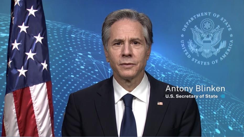 U.S. Secretary of State Antony Blinken is seen virtually delivering a speech to the U.N. Human Rights Council from Washington on March 1, 2022 in this image captured from the website of the Department of State. (Yonhap) 