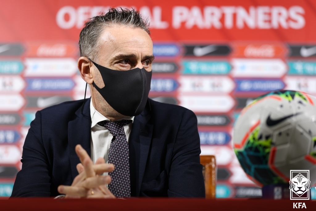 Paulo Bento, head coach of the South Korean men's national football team, speaks at a press conference at the Korea Football Association (KFA) House in Seoul on March, 14, 2022, in this photo provided by the KFA. (PHOTO NOT FOR SALE) (Yonhap)