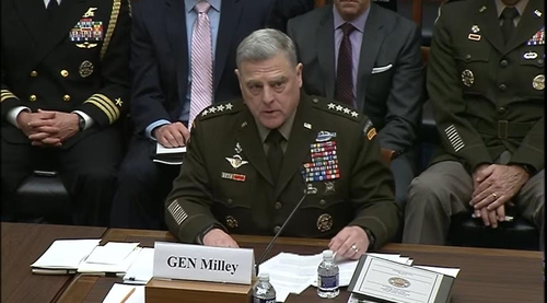 Gen. Mark Milley, chairman of the U.S. Joint Chiefs of Staff, speaks during a House Armed Services Committee hearing on defense budget in Washington on April 5, 2022, in this image captured from the website of the House committee. (Yonhap)