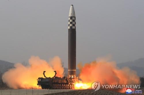 A Hwasong-17 intercontinental ballistic missile (ICBM) is launched from Pyongyang International Airport on March 24, 2022, in this photo released by North Korea's official Korean Central News Agency. The North's leader Kim Jong-un approved the launch, and the missile traveled to a maximum altitude of 6,248.5 kilometers and flew a distance of 1,090 km before falling into the East Sea, the KCNA said. (For Use Only in the Republic of Korea. No Redistribution) (Yonhap)
