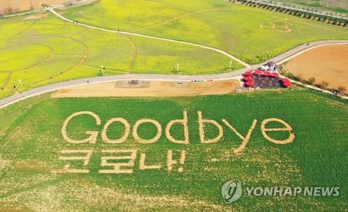 "Goodbye coronavirus!" is written on a field in Anseong, Gyeonggi Province, on April 17, 2022, to mark the lifting of pandemic restrictions. (Yonhap)