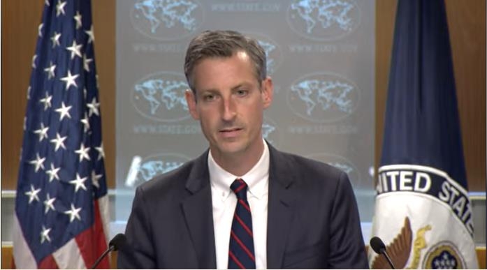Department of State Press Secretary Ned Price is seen answering questions in a press briefing at the state department in Washington on May 10, 2022 in this image captured from the department's website. (Yonhap)