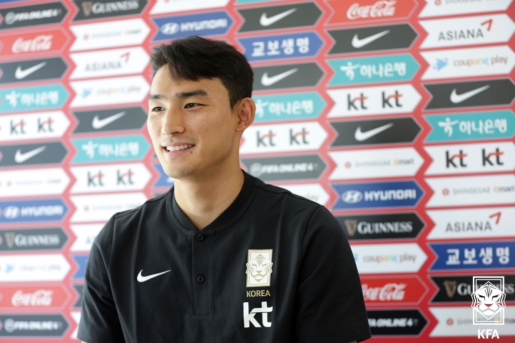 Cho Yu-min, defender for the South Korean men's national football team, speaks during an online press conference at the National Football Center in Paju, Gyeonggi Province, on May 31, 2022, in this photo provided by the Korea Football Association. (PHOTO NOT FOR SALE) (Yonhap)