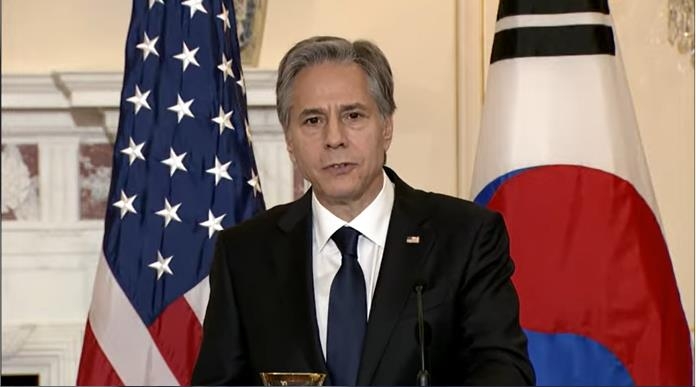 U.S. Secretary of State Antony Blinken is seen answering a question in a joint press conference with South Korean Foreign Minister Park Jin after their meeting at the state department in Washington on June 13, 2022 in this image captured from the department's website. (PHOTO NOT FOR SALE) (Yonhap)